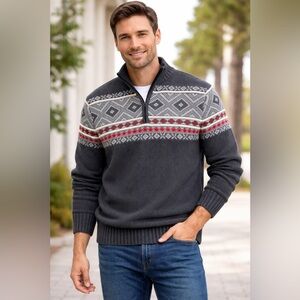 IZOD Fair Isle Sweater Mens Large Gray Holiday Ski Lodge Nordic Design 1/4 zip